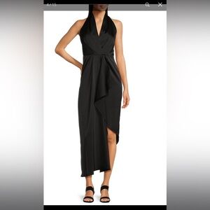 Hazel Surplice V-Neck Sleeveless Satin Asymmetrical Hem Midi Dress - Alex Marie